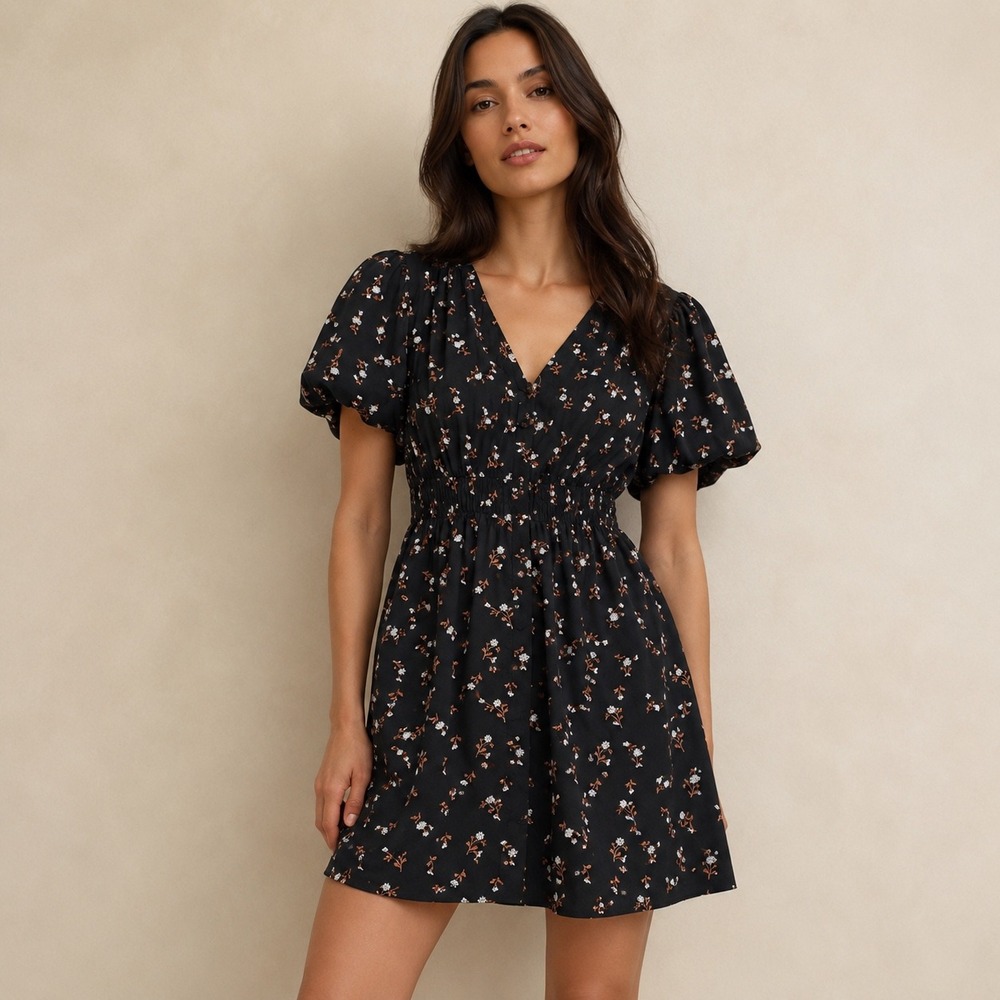 Madewell Black Floral Smocked Waist Button Front Puff Sleeve Mini Dress Medium